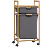 HOMCOM Mueble Cesto para Ropa Sucia de Bambú 2 Bolsas 42x35x84,5 cm Gris | Cesta para la Colada, 2 Bolsas de Tela Extraíbles, Estante Abierto, 2 Asas Laterales, 4 Ruedas