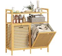 HOMCOM Mueble de Baño con Cesto Ropa Sucia, Mueble Ropa Sucia de Bambú, 2 Bolsas 2x41 L Extraíbles y Lavables con Asa, 2 Estantes Abiertos, para Lavadero, 82x33x88 cm Natural y Crema