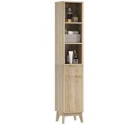 HOMCOM Mueble de Baño Estrecho Columna de Baño con Puerta de Acanalado Cajón 3 Compartimentos Abiertos y Estantes Ajustables 33x30x170 cm Natural