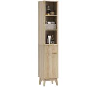 HOMCOM Mueble de Baño Estrecho Puerta de Acanalado 33x30x170 cm Natural | Columna de Baño, Cajón, 3 Compartimentos Abiertos, Estantes Ajustables