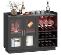 HOMCOM Mueble de Bar, Armario Buffet para Vinos con Luces LED RGB y Botellero para 12 Botellas, Aparador de Cocina con Estante Ajustable y Puertas de Cierre Suave, para Comedor, Salón, Negro