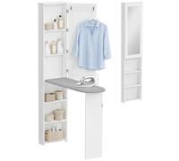 HOMCOM Mueble de Plancha con Espejo, Tabla de Planchar Plegable, Mueble Planchador con 6 Compartimentos, 2 Ganchos, para Espacios Reducidos, 107x35x174 cm, Blanco