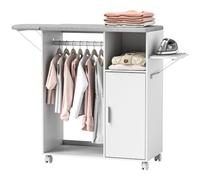 HOMCOM Mueble de Planchar de Madera con Ruedas 127x42,5x99 cm Blanco | Mueble de Planchado, Tabla de Planchar Plegable, Barra para Colgar Ropa, Estante Abierto, Estantes Ajustables