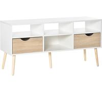 HOMCOM Mueble de TV para Televisiones 50”Mesa para TV de Salón Comedor Moderna con 2 Cajones y 4 Compartimentos Patas de Madera Antivuelco 117x39x57 cm Blanco y Madera Natural