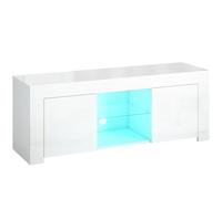 HOMCOM Mueble de TV con iluminación LED, 2 puertas de armario, estante de cristal, agujeros para cables, para sala de estar, aglomerado, Blanco