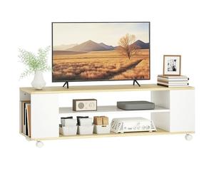 HOMCOM Mueble de TV con Ruedas, Mesa de TV Suspendido o de Pie, para Salón, con 4 Estantes Abiertos, para Televisión de 55 Pulgadas, Estilo Moderno, 120x40x38,5 cm, Natural y Blanco