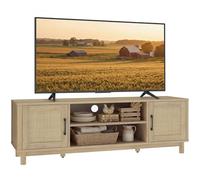 HOMCOM - Mueble de TV de 135 cm, mueble de TV de hasta 65 pulgadas con 2 puertas de ratán, 2 compartimentos abiertos, estilo bohemio, 6 patas de madera de pino, banco de TV para sala de estar
