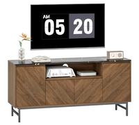 HOMCOM - Mueble de TV de hasta 65 pulgadas, mueble de TV de madera con compartimento abierto, puertas, estantes ajustables y pasaplacables, banco de TV moderno efecto mármol para sala de estar