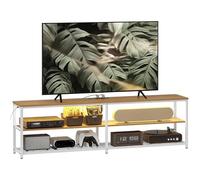 HOMCOM Mueble de TV Industrial Mueble de TV para Salón con Luces LED Control Remoto Extensión para Cargar y 2 Compartimentos Abiertos Mueble para Televisión de 65 Pulgadas 159x29x46,5 cm Natural