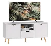HOMCOM Mueble de TV, Mesa de TV con Cajón, 2 Puertas y Estante Abierto, Patas de Madera, para Televisores hasta 50 Pulgadas, Largo de 110 cm, para Salón, Dormitorio, Blanco