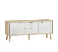 HOMCOM Mueble de TV Moderno de 2 Puertas, Mesa TV para Salón con 2 Cajones, Orificios Pasacables, Estantes Extraíbles y Ajustables, para Televisión 55 Pulgadas, 120x35x50 cm, Blanco Brillo y Roble
