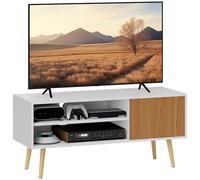 HOMCOM Mueble de TV Moderno Mueble de TV para Salón con 2 Compartimentos Abiertos 1 Puerta y Orificio para Cables para Televisión de 55 Pulgadas 110x40x50 cm Blanco y Natural