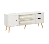 HOMCOM Mueble de TV para Televisiones de 50" Mesa de Salón Moderno con Puerta 2 Estantes Abiertos y 2 Cajones Carga 30 kg para Dormitorio Sala 120x28x44 cm Blanco