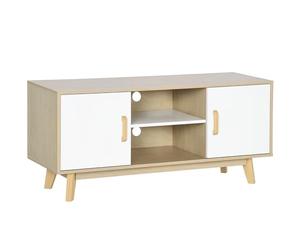 HOMCOM Mueble de TV para Televisores de hasta 55 Pulgadas Mesa para TV de Salón Moderna con 2 Puertas 2 Estantes Abiertos y Balda Interior Ajustable para Dormitorio 120x40x55 cm Natural y Blanco
