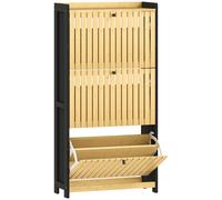 HOMCOM Mueble de Zapatos 18 pares con 3 cajones abatibles, puertas de bambú con lamas, 60x24x118 cm, Negro y madera natural