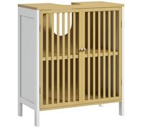 HOMCOM Mueble para Debajo del Lavabo Armario de Almacenamiento Bajo Lavabo de Bambú con Estante Ajustable y Puerta Doble Carga 30 kg 60x30x70 cm Blanco y Natural