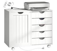 HOMCOM Mueble para Impresora con Estación de Carga, Ruedas, USB, Blanco | Soporte para Impresora, Cajonera para Escritorio con 5 Cajones, Estante Ajustable para Archivador, Oficina en Casa