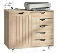HOMCOM Mueble para Impresora con Estación de Carga, Ruedas, USB, Natural | Soporte para Impresora, Cajonera para Escritorio con 5 Cajones, Estante Ajustable para Archivador, Oficina en Casa