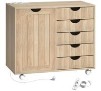 HOMCOM Mueble para Impresora con Estación de Carga y Ruedas 5 Cajones Puertos USB Estante Ajustable Natural