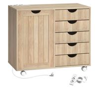 HOMCOM Mueble para Impresora con Estación de Carga y Ruedas, Soporte para Impresora, Cajonera para Escritorio con 5 Cajones, Puertos USB, Estante Ajustable para Archivador, Oficina en Casa, Natural