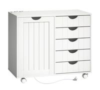 HOMCOM Mueble para Impresora con Estación de Carga y Ruedas, Soporte para Impresora, Cajonera para Escritorio con 5 Cajones, Puertos USB, Estante Ajustable para Archivador, Oficina en Casa, Blanco