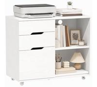 HOMCOM Mueble para Impresora con Ruedas 3 Cajones Barra Ajustable Blanco | Mesa para Impresora con 2 Estantes Abiertos y Asas para Documentos Tamaño A4, Carta, Archivador Móvil para Oficina en Casa
