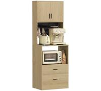 HOMCOM Mueble para Microondas 2 Cajones 2 Puertas Encimera Madera Natural | Buffet, Armario de cocina, Estante ajustable, Tablero perforado, 4 ganchos, Almacenamiento para comedor y sala de estar