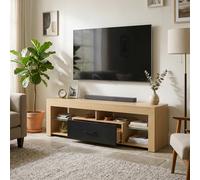 HOMCOM Mueble TV Bajo con Cajón 65" 140x40x45cm Roble | Mueble para TV, estantes de vidrio ajustables, compartimentos abiertos, para salón