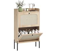 HOMCOM - Mueble para zapatos (12 pares), armario de zapatos estrecho con 2 cajones abatibles, puertas de ratán y estantes ajustables, estilo bohemio, para pasillo y entrada, 60 x 23,7 x 99,5 cm, roble