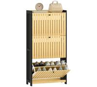 HOMCOM - Mueble para zapatos (18 pares, armario para zapatos estrecho, mueble de entrada con 3 cajones abatibles, puertas de bambú con listones, para pasillo y entrada, 60 x 24 x 118 cm, negro y
