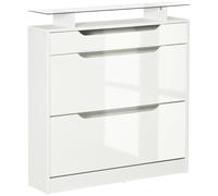 HOMCOM Mueble para zapatos de 2 Puertas para 16 Pares de Zapatos con Cajón Estante Abierto y Encimera de Vidrio 89x23x96 cm Blanco Aosom España