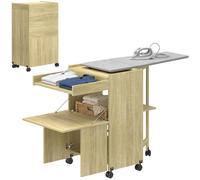 HOMCOM Mueble tabla de planchar plegable con ruedas y soporte para planchar, mueble de planchado multiusos con estantes, compartimento abierto, para lavandería, baño, 154 x 55 x 87 cm, color madera