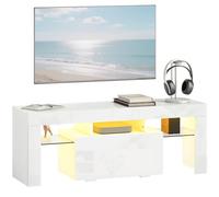 HOMCOM Mueble TV 120 cm con iluminación LED RGB, alto brillo, mueble de TV para hasta 43-50 pulgadas, estantes de cristal templado y armario abatible, banco de TV para sala de estar, dormitorio