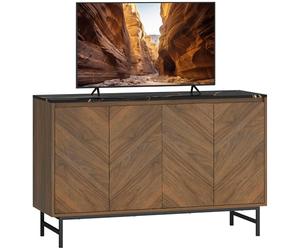 HOMCOM Mueble TV 120 cm, mueble de TV de hasta 55 pulgadas con 4 puertas, bandeja efecto mármol, estantes ajustables y patas de acero, banco de TV para salón, dormitorio, nogal