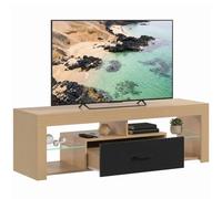HOMCOM Mueble TV Bajo con Cajón 65" 140x40x45cm Roble | Mueble para TV, estantes de vidrio ajustables, compartimentos abiertos, para salón