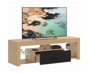 HOMCOM Mueble TV Bajo con Cajón 65" 140x40x45cm Roble | Mueble para TV, estantes de vidrio ajustables, compartimentos abiertos, para salón