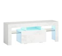 HOMCOM Mueble TV, mueble tele con iluminación LED RGB, alto brillo, estantes de vidrio templado, 120x34x45cm, blanco