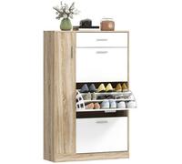 HOMCOM Zapatero con 3 Puertas para 18-27 Pares de Zapatos con Cajón y Armario Anti-Vuelco para Entrada 84x30x132 cm Madera Natural Aosom España