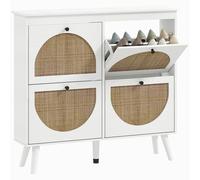 HOMCOM Mueble Zapatero 4 Puertas 20 Pares con Estante Regulable Estilo Bohemio Patas de Madera Maciza 105 x 24 x 97,5 cm Blanco