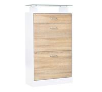 HOMCOM Mueble Zapatero Armario Zapatero con 3 Cajones Estante de Vidrio y Asa de Aluminio para Pasillo Entrada Carga 50 kg 60x24x105,5 cm Natural