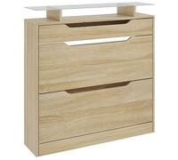 HOMCOM Mueble Zapatero con 2 cajones abatibles + 1 cajón extraíble + 1 mostrador y 1 Estante de Cristal Estante Regulable en 2 Niveles 89 x 23 x 96 cm Roble