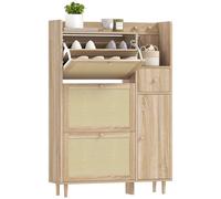 HOMCOM Mueble Zapatero Armario Zapatero con 3 Cajones Abatibles con Frentes de Ratán para 12 Pares de Zapatos Estantes Ajustables Zapatero Estrecho para Pasillo Entrada 80x23x120 cm Roble