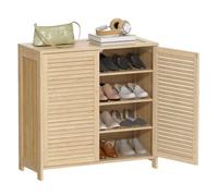 HOMCOM Mueble Zapatero de Bambú, Armario para Zapatos con Puertas de Persiana, Estantes Ajustables, para 14 Pares de Zapatos, Zapatero para Pasillo Recibidor, 80x35x80 cm, Natural