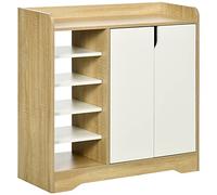 HOMCOM Mueble Zapatero Moderno Zapatero Estrecho con 2 Puertas Estantes de Almacenamiento para 13 Pares de Zapatos para Entrada Pasillo 80x30x80 cm Natural y Blanco