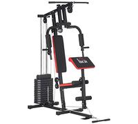 HOMCOM Multiestación de Musculación con Barra Pulldown, Press de Pecho, Prensa de Piernas, Banco Predicador, Placas de Peso 65 kg Máquina de Musculación para Entrenamiento Fitness en Hogar Gimnasio