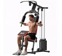 HOMCOM Multiestación de Musculación con Placas de Peso de 65 kg Máquina de Musculación Carga MAX. 100 kg para Entrenamiento Fitness en Hogar Gimnasio Negro y Rojo