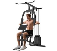 HOMCOM Multiestación Máquina de Musculación con Estribo para Piernas Poleas y Placas de Peso de 45 kg para Entrenamiento Fitness en Hogar Gimnasio 148x108x207 cm Negro