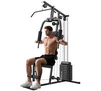 HOMCOM Multiestación Musculación, Prensa de Pecho, Carga 100 kg, Negro | Máquina de Musculación, Placas de Peso de 45 kg, Curl de Piernas y Polea Mariposa, Entrenamiento Casa Gimnasio