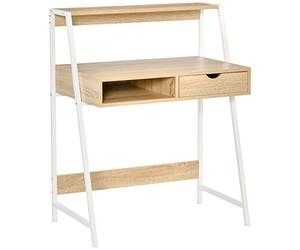 HOMCOM Oficina Secretaria Oficina Informática Estilo Neo-Retro Cajón Nicho Estante Metal Blanco Aspecto Roble Claro