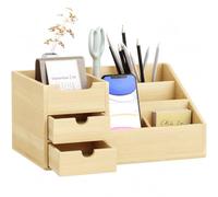 HOMCOM Organizador de Escritorio con 2 Cajones 33x20,5x15,5 cm Natural | Bambú, Organizador de Mesa, 6 Compartimentos y Estante, para Oficina Hogar